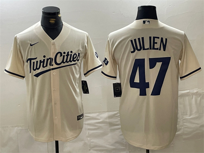 Men's Minnesota Twins #47 Edouard Julien Cream Cool Base Stitched Baseball Jersey